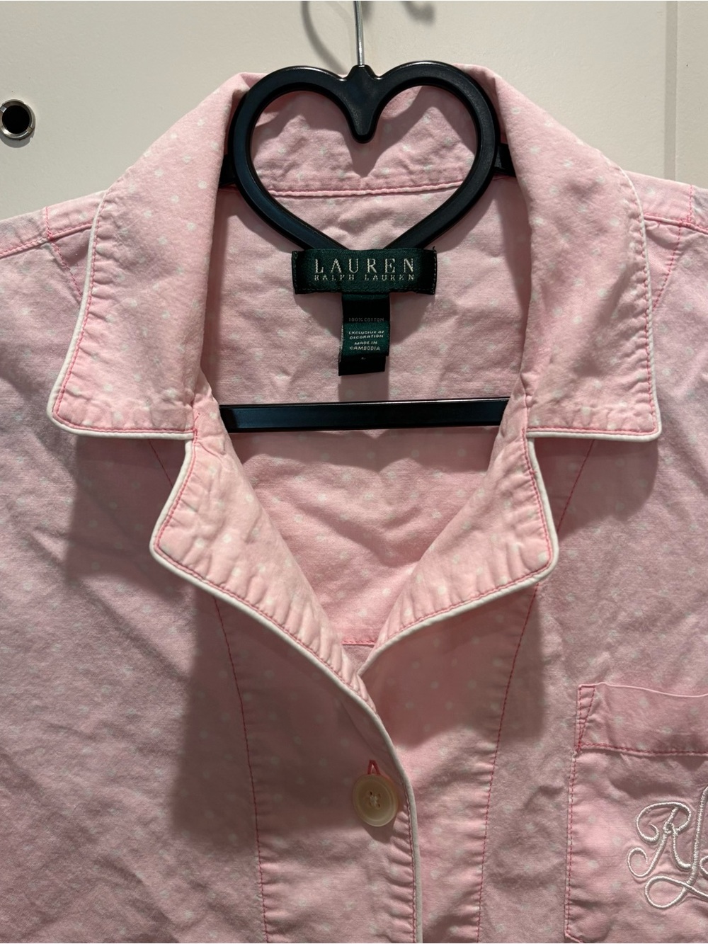 Ralph Lauren Light Pink Cotton Button-Down Pajama Shirt with Subtle Dot Detail